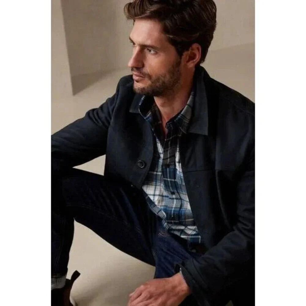 Banana Republic Flannel Shirt‎ Mens Large Blue Plaid Elbow Patch Organic Cotton
